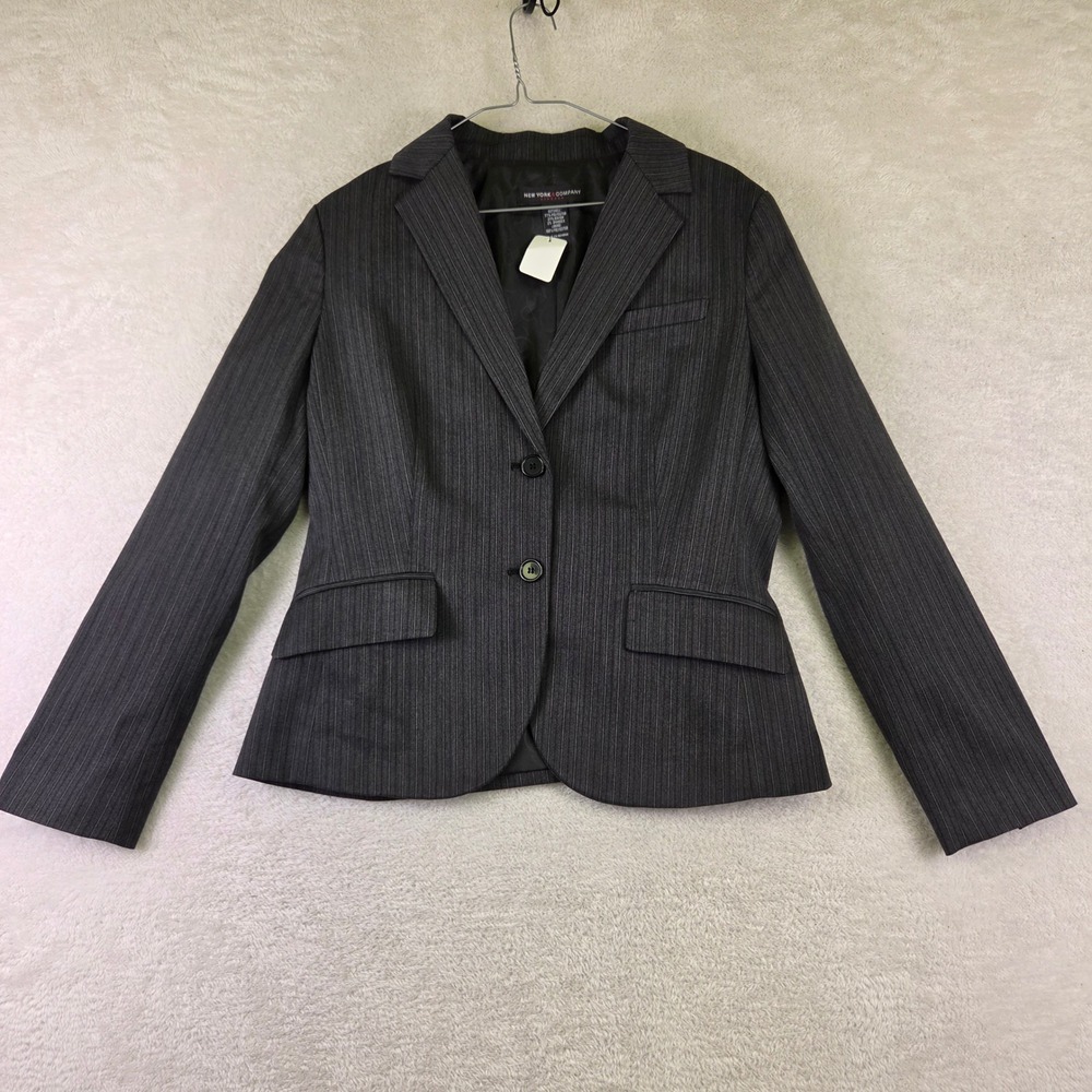 New York & Company Stretch Pinstripe Blazer Charcoal Grey Size 10 Professional